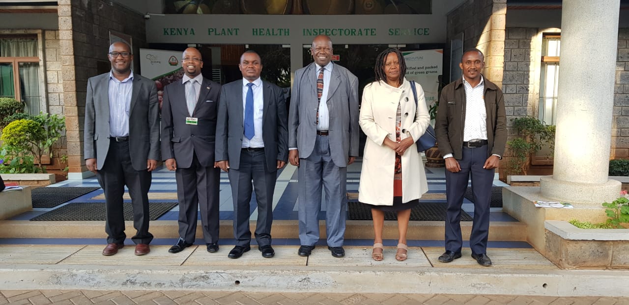 From left to right Dr David sujee (SPAS representative), prof Kenneth wanjau (director university -Industry linkage), Dr Isaac macharia ( KEPHIS GM phytosanitary services), Mr. Simeon Kibet ( KEPHIS GM quality assurance), Dr Lucy Ndegwa (SESS representative) & Dr Denis maina ( SAB representative). 